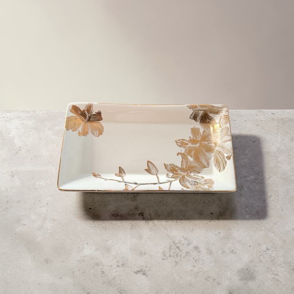 Eloquent Ink Porcelain Rectangular Tray 22K Gold Floral Handcrafted USA 13"